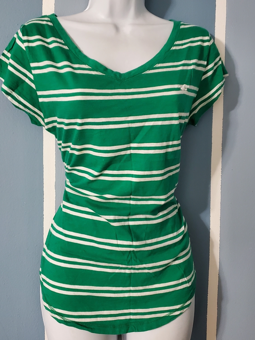 Hollister Green and White Striped V-Neck Tee